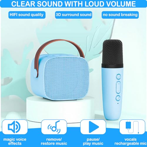 Image of Karaoke Machine for Kids, Mini Karaoke Machine for Kids Adults, Portable Bluetooth Speaker with 1 Wireless Microphones, Christmas Birthday Toys Birthday Gifts for Girls 4, 5, 6, 7, 8+ Years Old Blue