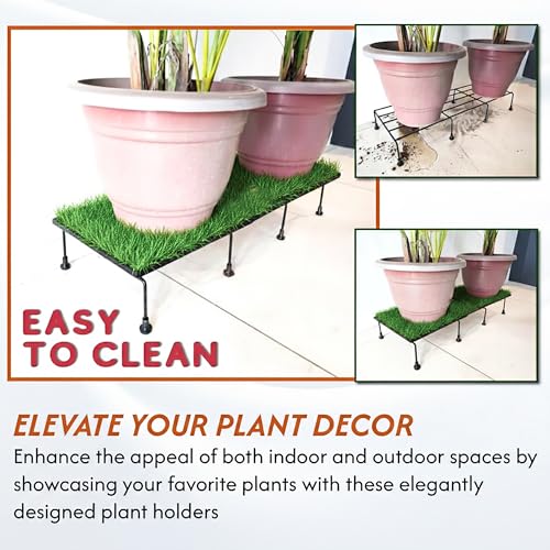 Image of Kuber Industries 4 Pcs Metal 24 Inch Planter Stand with Green Grass (Included) | Decorative Plants Pot Holder for Balcony, Garden, Home, Indoor & Outdoor | Black