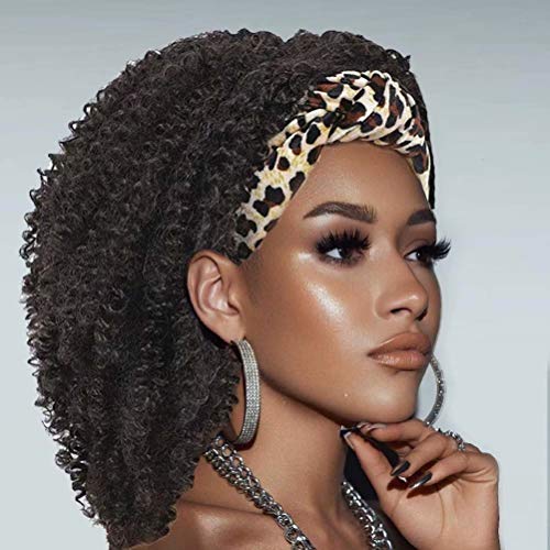 Afro Kinky Curly Headband Wig for Black Women Shoulder Length Wigs with Headband Attached Kinky Curly Headband Wig Synthetic Headband Wigs for Women Natural Color