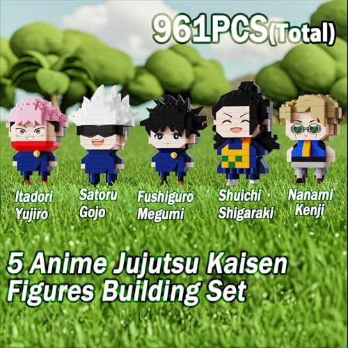 Image of 5 JJK Jujutsu Battle Figures Building Blocks Set, 2IN1 Sitting&Standing Cute Popular Spell Kaisen Characters Brick Micro Headz, Japanese Manga Merch Ideal Valentine's Day Gift for Adult Teen 961PCS