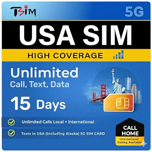 TSIM USA SIM Card 15 Days with Call Home | High Coverage | Unlimited Data on AT&T Network | Unlimited Local + International Call/Texts in USA (including Alaska) 5G SIM Card!