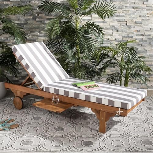 Image of SAFAVIEH Outdoor Collection Newport Natural / Grey & White Stripe Cushion Built-in Side Table Adjustable Chaise Lounge Chair