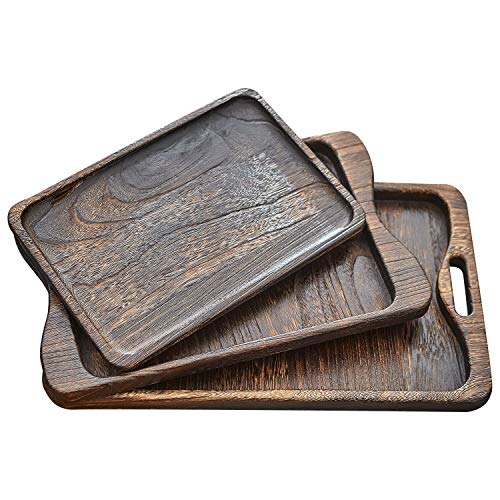 SINOBEST Paulownia Wooden Serving Tray Nesting Set of 3 Breakfast Trays Rectangular Wood Tea Tray
