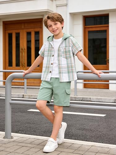 Image of Boys Clothes Shorts Sets Plaid Short Sleeve Hooded Button Shirt and Jogger Shorts for Kids Summer Outfits