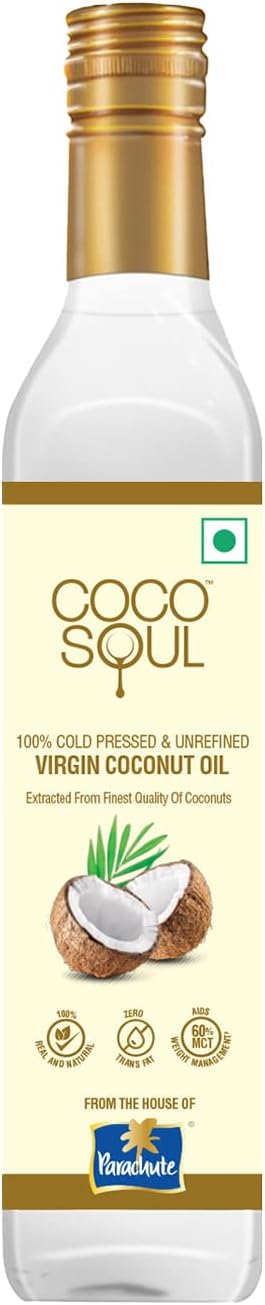 Coco Soul Cold Pressed Unrefined Virgin Coconut Oil | 60% MCT | Multipurpose Usage | Daily Cooking| Keto Friendly | Naturally Cholesterol Free | A1 grade real coconut | From Makers of Parachute 250 ml