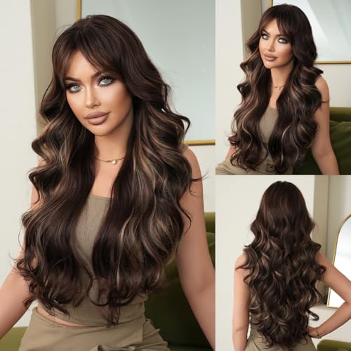 Novastel Curtain Bangs Human Hair Wigs Long Honey Gold Highlights