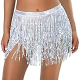 Women Sequin Hip Skirt Fringe Skirts Tassel Wrap Scarf Party Rave Festival Outfit Silver M