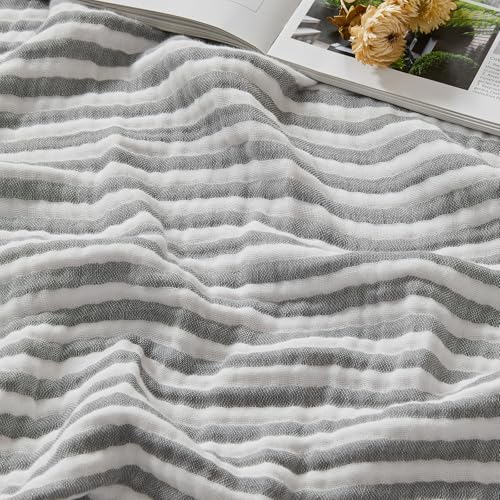 EMME Muslin Cotton Blanket Striped for Adults Couch Grey Throw XL 50" x 70"