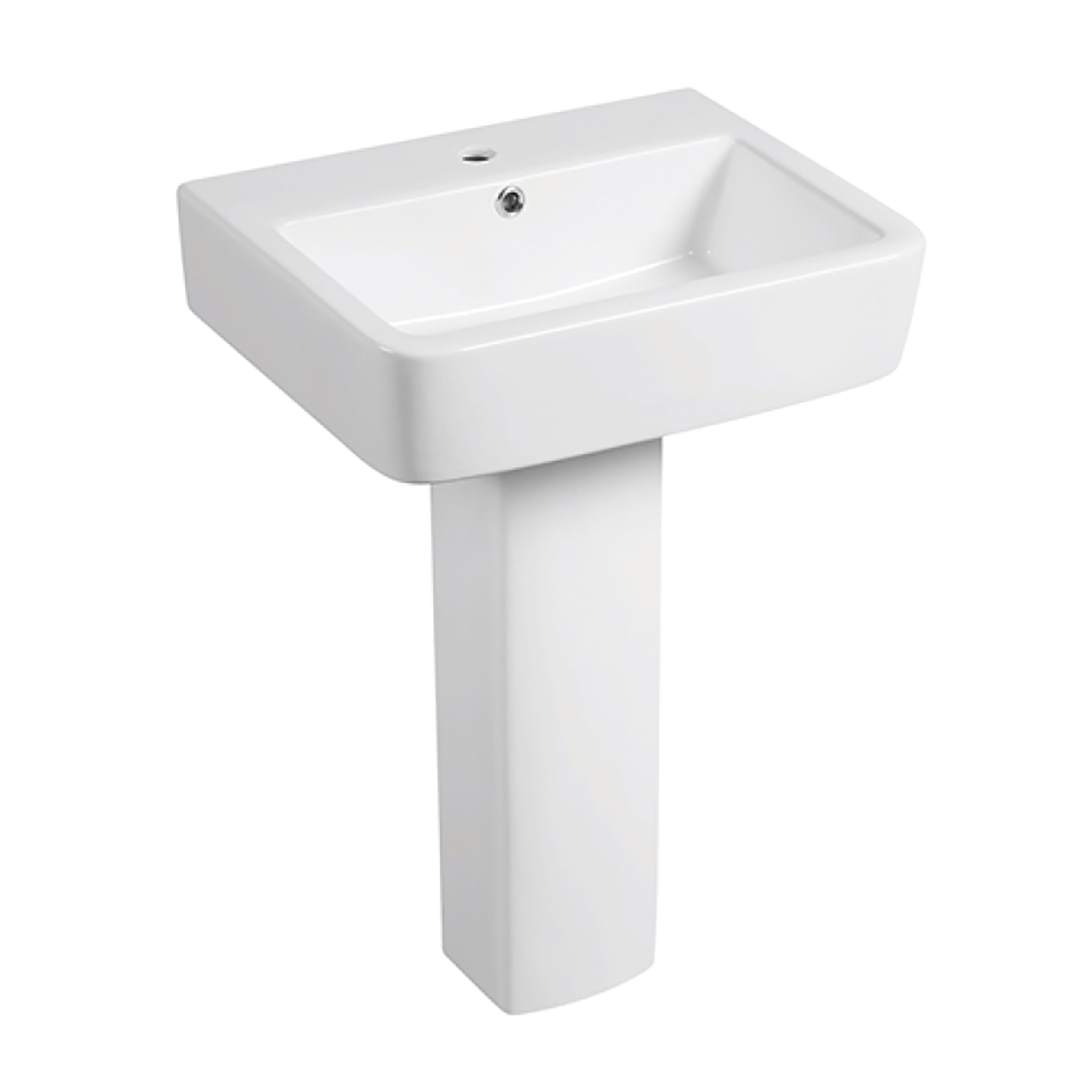 Sorrento Bathrooms White 570Mm Floor Standing Bathroom Sink Wash Basin Bowl Full Pedestal Cloakroom Basin Single Tap Hole Overflow Vessel Sink Ceramic Curved Modern Square Bathroom Basins