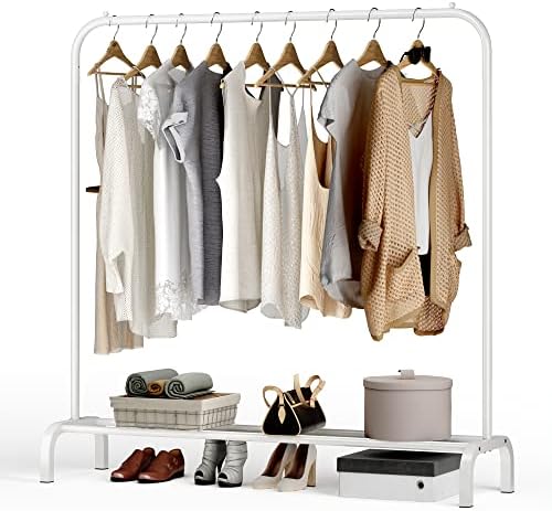 JOISCOPE Metal Clothes Rack, Heavy Duty Garment Rack with Double Rails, 4 Clothes Hooks for Hanging Clothes, Storage Shelves for Boxes, Coats, Bags, Shoes, Boots (Load 75 kg, 43 inches, White)