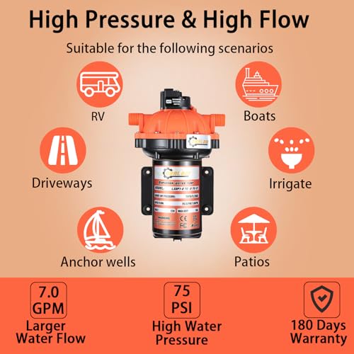 Image of 12V DC RV Fresh Water Pump, 7.0GPM 75PSI, Five Chamber Self-Priming Diaphragm Pump, with 1L Pressure Tank
