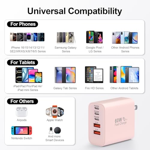 Image of USB C Charger Block, 60W 5-Port Type C Charger Fast Charging Blocks | USBC Multiple Port Wall Charger Plug for iPhone 17 /16 /15 /14 /13 /12 /11 Pro Max, Samsung Galaxy, Android Phone, iPad, Pink