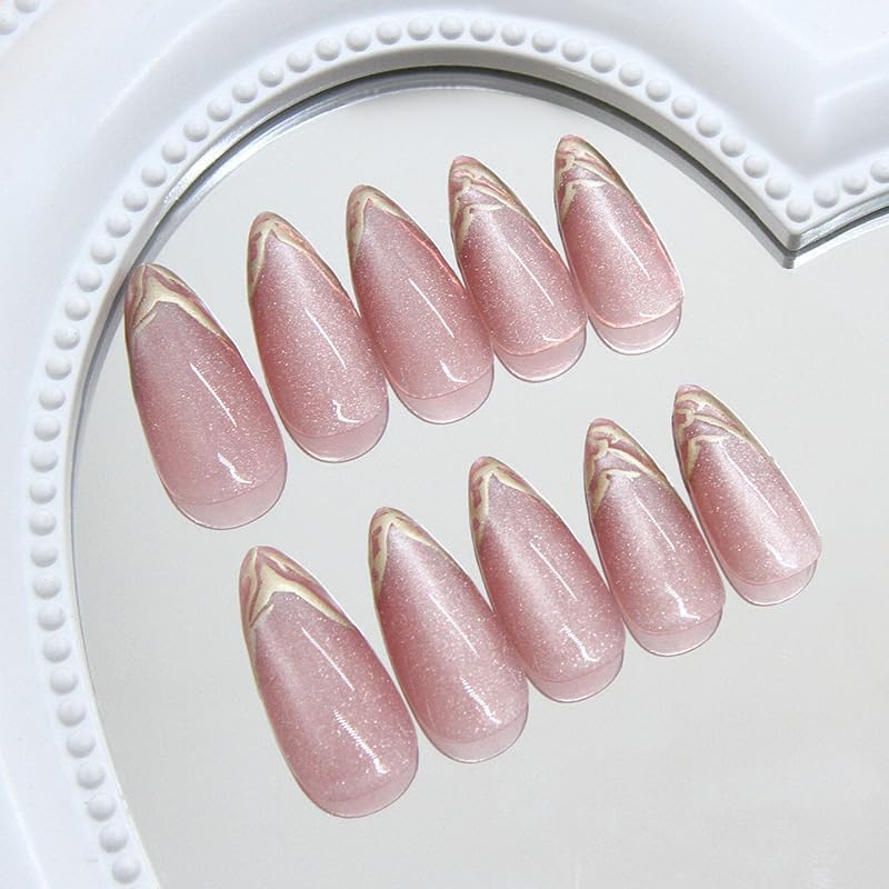 Image of Peach Cat Eye Golden Tip Almond Press On Nails Kit for Women And Girls Fake Nail Extension | Reusable Nail Extension For Women With Glue Tab | Long Lasting Glossy Finish Artificial Nails | Easy to Apply Fake Nails for Salon Look at Home | Stick-On Manicure Kit For Parties, Weddings And Gifts | Trendy Nail Art Set for All Occasions