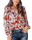MLEBR Womens Blouses Spring Loose V Neck Long Sleeve Flower Floral Peasant Blouses Tops Shirts Ladie