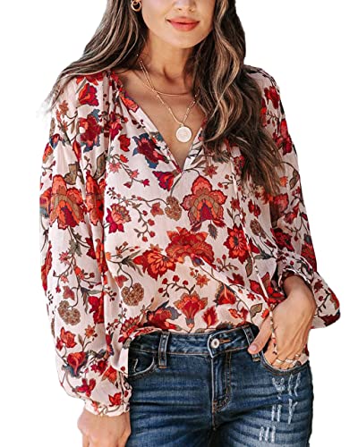 Mlebr Womens Blouses Spring Loose V Neck Long Sleeve Flower Floral Peasant Blouses Tops Shirts Ladies Summer Blouses Xx-Large #TOP24