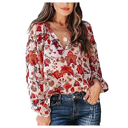 MLEBR Womens Blouses Summer Chiffon V Neck Long Sleeve Flower Pattern Floral Printed Blouses Tops Shirts Tunics Casual for Work Loose Style Small