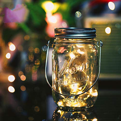 Epyz 20 LEDs Hanging Solar Light Outdoor Solar Mason Jar Lid Fairy String Lights for Patio, Garden, Yard and Lawn (Pack of 2, Warm Yellow Light)(Glass)