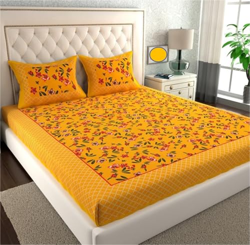 Image of KOUNDAL Rajasthani Jaipuri Sanganeri Printed 144 TC 100% Cotton Bed Sheet Set for Double Bed,Floral Print, Double Bedsheet Cotton with 2 Pillow Covers (Yellow, King)