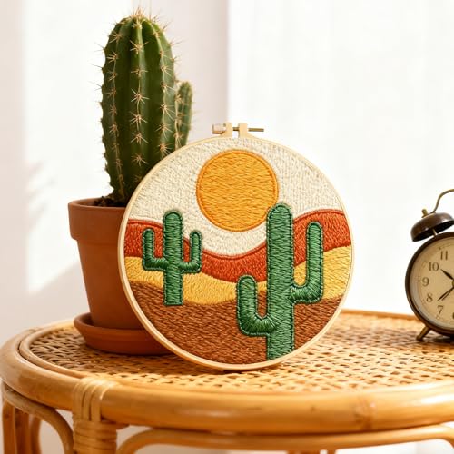Image of BEUNITONE 6 Set Bohemian Starter Embroidery Kit with Pre-Stamped Pattern | Needlepoint Craft Kits with Embroidery Hoops, Complete DIY Handmade Embroidery Set for Home Decor and Festival Gifts 20x20cm