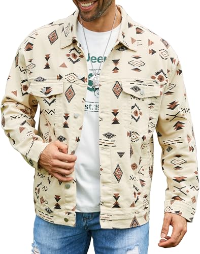 Bindefon Aztec Print Jean Jacket Men Trucker Unlined Coats Button Down Collar Tops Fall Outfits White Elephant Gifts(Brown,S)