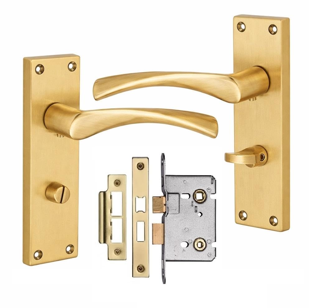Golden Grace Astrid Bathroom Door Handles with Mortise Lock, Satin Brass