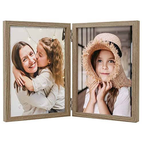 Orivan 4X6 Double Picture Frames Hinged Folding Photo Frames With Glass Vertical Stand Frames (Wood Grain) #TOP3