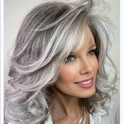 XIUFAXIRUSI XIUFAXIRUSI Medium Grey Wavy Bob Wigs for Women Gray to White Layered Wig Old Lady Synthetic Wig for Daily Party Costume Halloween Use