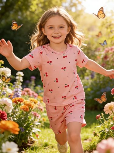 Image of KIDLAGA Girls Two Piece Sets Cherry Pattern Short Sleeve Shirts and Shorts Set With Pockets Girls Summer Outfits Size 7-14