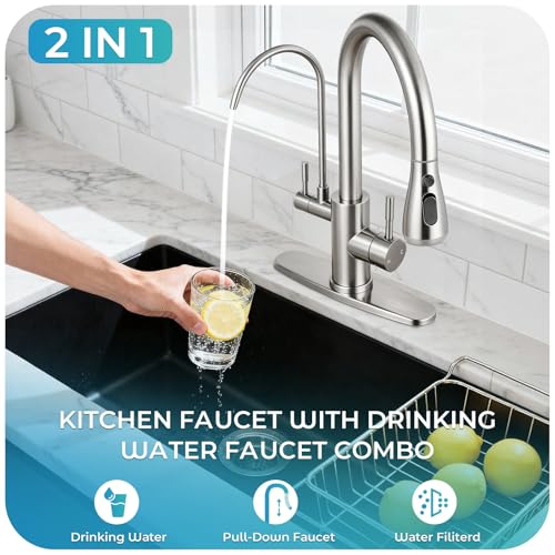 Image of Kitchen Faucets with Water Filter - Brushed Nickel 2 in 1 2-Handle Kitchen Faucet with Pull Down Sprayer, High Arc Stainless Steel Pull Out Kitchen Sink Faucet with Deck for 1 or 3 Hole