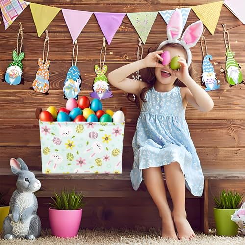 Image of Large Empty Easter Basket for Kid Fabric Personalized Bunny Eggs Easter Gift Basket for Boy and Girl (Rabbit Blue Background)