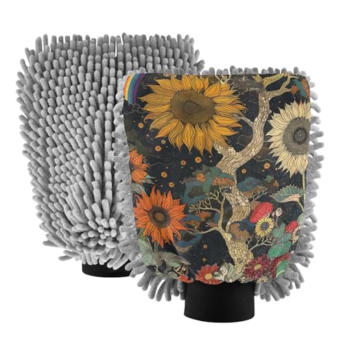 IOACIY Absorbent Microfiber Car Wash Drying Mitts, 2 Pack, Scratch-Free & Lint-Free, Rich Foam, Highly Absorbent, Double Sided, Wash Mitt Perfect for Car Washing, L, Sunflower (3)