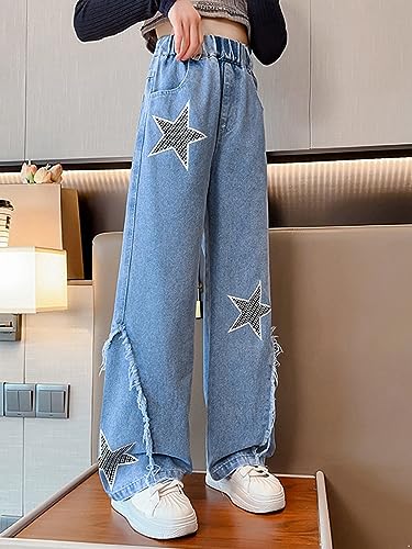 Girls Casual Wide Leg Denim Pants Graphic Printed Ripped Jeans Elastic Waist Straight Baggy Trousers3