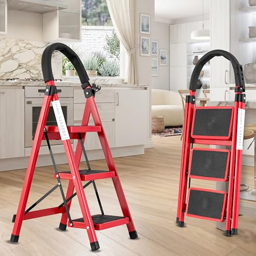 Image of Red 3 Step Ladder for Home Use with Built-in Tool Tray | Heavy Duty D Shape Rods | Ultra Large Platform | Wide Rubber Feet | 150Kg Capacity Foldable Ladder - 7 Years Warranty