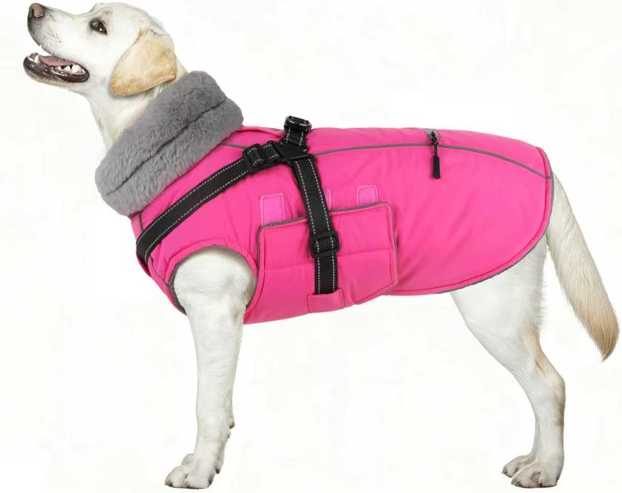 PETDSH Dog Coat Medium, Built-in Harness Dog Jacket with Warm Fleece Lining, Waterproof Reflective Dogs Winter Coat, Pet Coats with Pocket and Trash Bags (Pink, Medium)