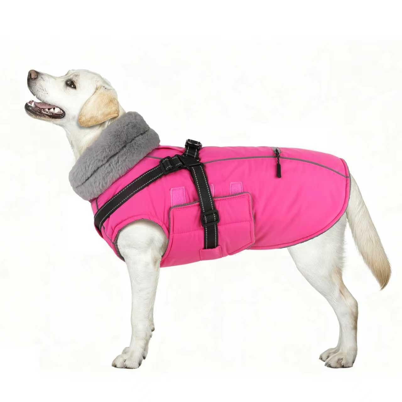 PETDSH - Chaqueta mediana para perro, arnés integrado con forro polar cálido, chaqueta reflectante impermeable para perro, abrigos para mascotas con bolsillo y bolsas de basura (rosa, M)