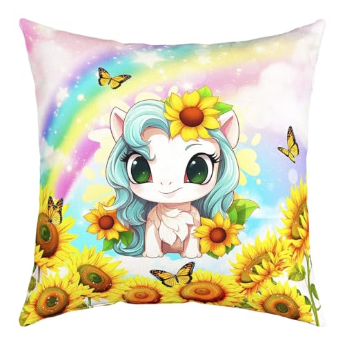 Homewish Cute Unicorn Throw Pillow Cover 24x24 Inch Watercolor Sunflowers Colorful Gradient Rainbow Cushion Cover for Kids Girls Teens Wild Butterfly Cartoon Animal Cushion Case for Party Sofa