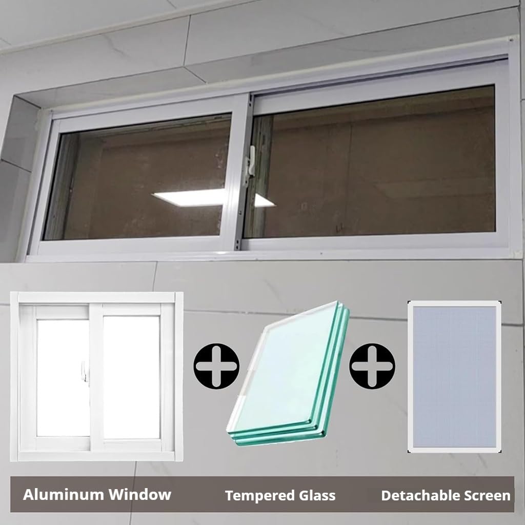 Białe okno przesuwne do piwnicy – aluminiowe winylowe szkło hartowane o wymiarach od 79 x 38 cm do 101,6 x 61 cm – idealne do szop i kurników – i stylowy design