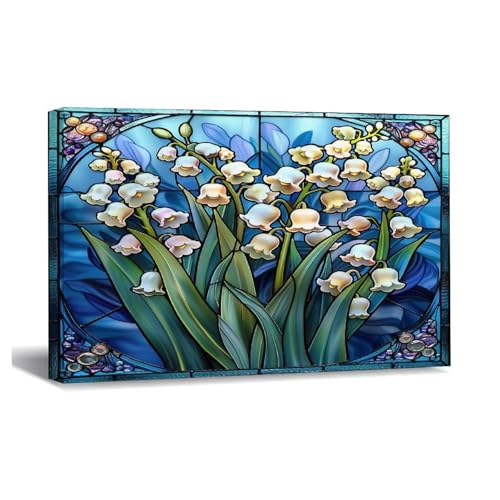 Lienzo decorativo con diseño de flor de lirio del valle de mayo para cumpleaños, diseño floral de vidrieras, listo para colgar, para sala de estar, baño, dormitorio, oficina, regalo de inauguración de