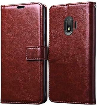 Aarnik Vintage Leather Flip Cover Case for Samsung Galaxy J2-2018 | Inner TPU | Foldable Stand | Wallet Card Slots - Walnut Brown
