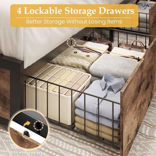 Image of Lifezone Queen Bed Frame with 2-Tier Storage Headboard, Metal Platform Bed Frame with 4 Storage Drawers, Built in Charging Station & LED, Noise-Free /Metal Support /No Box Spring Needed, Rustic Brown