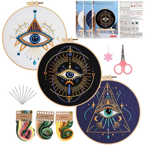 Image of Konrisa 3 Pcs Embroidery Kits with Tarot Cards and Eyes Pattern, Stamped Embroidery Starter Kit for Beginners Adults Needlepoint Kits DIY Sewing Cross Stitch Practice Kit Home Decoration