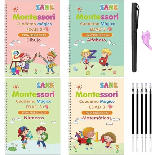 NOVYEGZL Libros mágicos españoles para aprender letras en trazado, cuaderno reutilizable para niños, escritura en español (color: 4 libros)