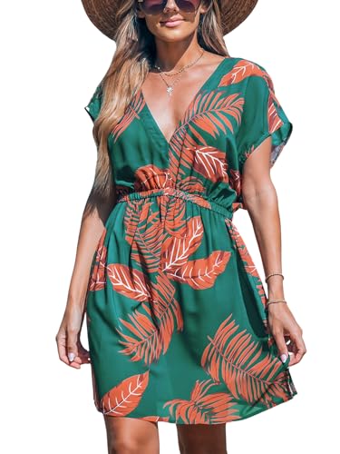 CUPSHE Women's Swimsuit Coverup Casual V Neck Beach Dress Short Sleeve Elastic Waist Swimwear Cover Ups 2025 Beachwear