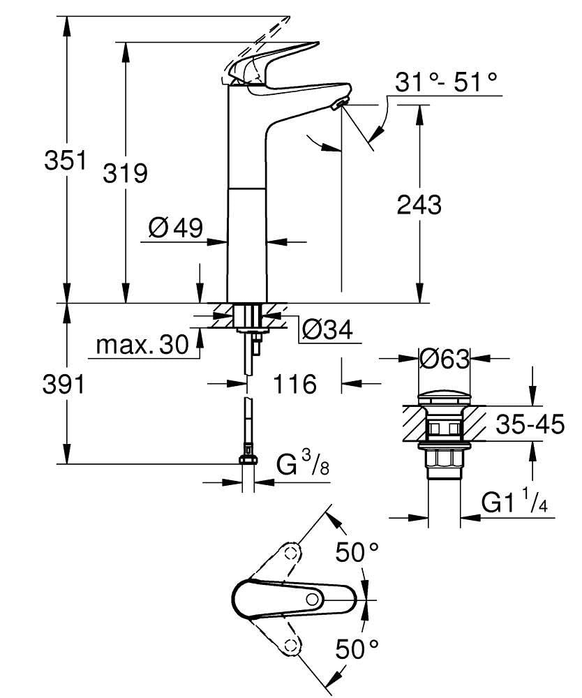 GROHE Swift 24331001 armatura umywalkowa (oszczędność wody, wysokość ~ 32 cm, w zestawie narzędzie montażowe, odpływ Push-Open), chrom