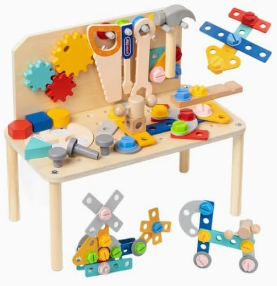Montessori Wooden Tool Bench & Builder Set, Pretend Construction Toy (Ages 3+)