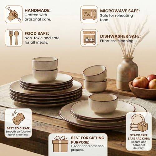 Image of Ceramic Dinner Set, Beige with Brown Rim, Speckled Finish, 18 Pieces