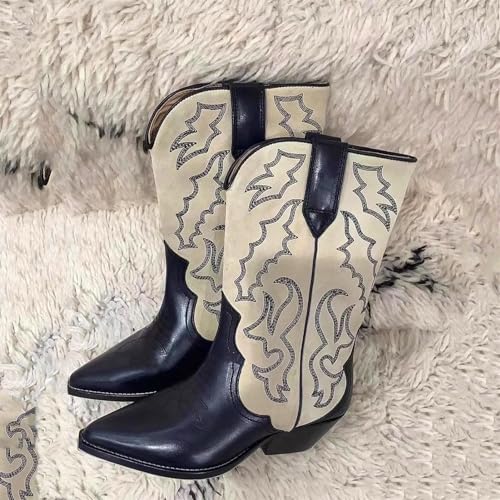 TOSOFT Mid-leg Cowboy Boots Women Vintage Embroidered Pointed Toe Cowgirls Boots Wide Mid Calf Cowgirl Short Ankle Boots3