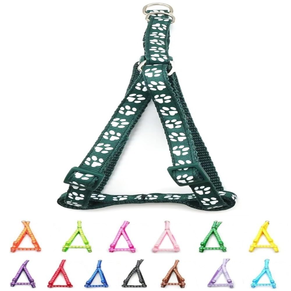 Small Dog Puppy Pet Cat Kitten Harness Pawprint Design Nylon Adjustable Chest Size 21-34cm Bottle Dark Green