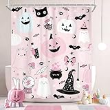 Ufeela Halloween-Kürbis-Duschvorhang, 152 x 183 cm, für Kinder, rosa, niedlich, Cartoon, gruselig, Geist, Kristallkugel, Duschvorhang, Badezimmer-Set, schöne lustige Hexe, Süßigkeiten, Badevorhang,