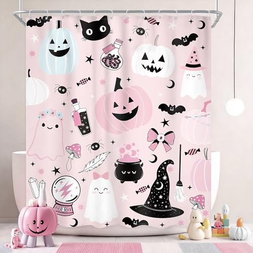 Ufeela Halloween-Kürbis-Duschvorhang, 152 x 183 cm, für Kinder, rosa, niedlich, Cartoon, gruselig, Geist, Kristallkugel, Duschvorhang, Badezimmer-Set, schöne lustige Hexe, Süßigkeiten, Badevorhang,
